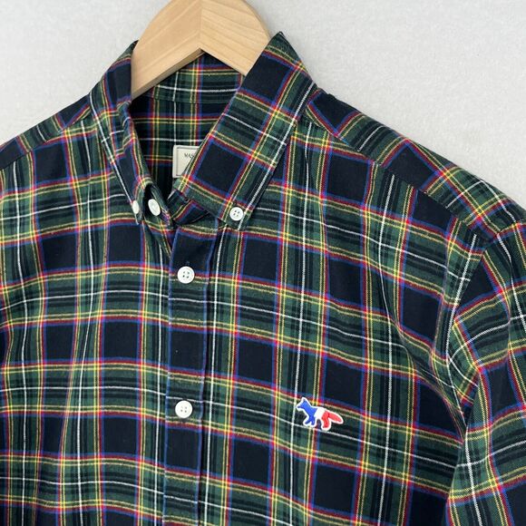 MAISON KITSUNE Shirt Mens 40 L Tartan Plaid Flannel Tricolor Fox Cotton Green - Picture 6 of 14